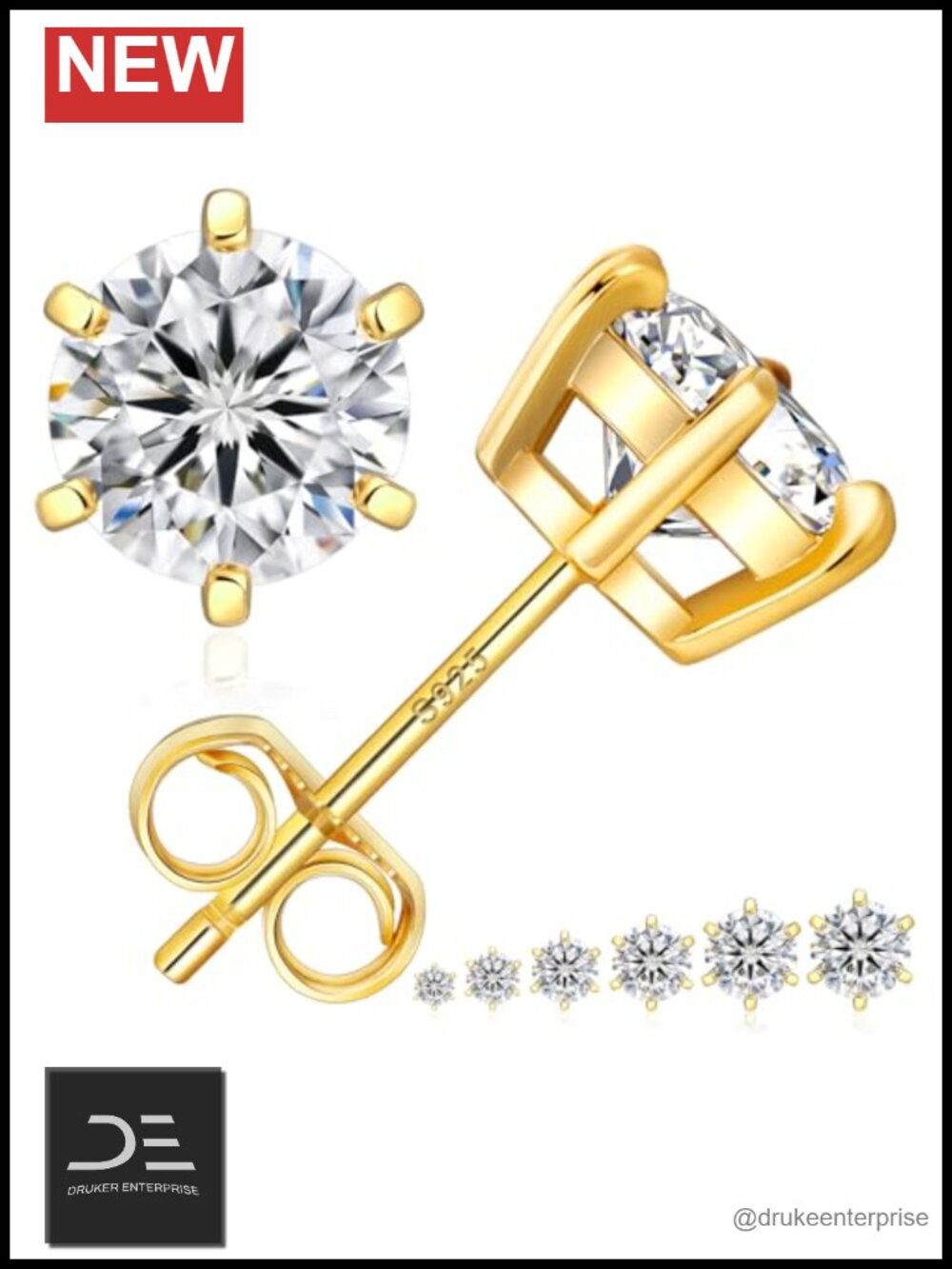 Lab Grown Moissanite Stud Earrings 14K Gold Plated Sterling Silver